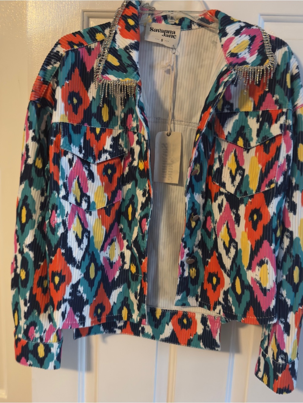 Savanna Jane Colorful Ikat-Print Jean Jacket with Beaded Fringe